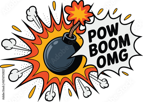 Retro comic book style bomb explosion with pow boom omg speech bubble