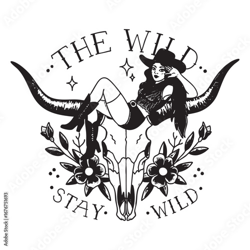  The Wild Stay Wild - Cowgirl on Bull Skull with Flowers