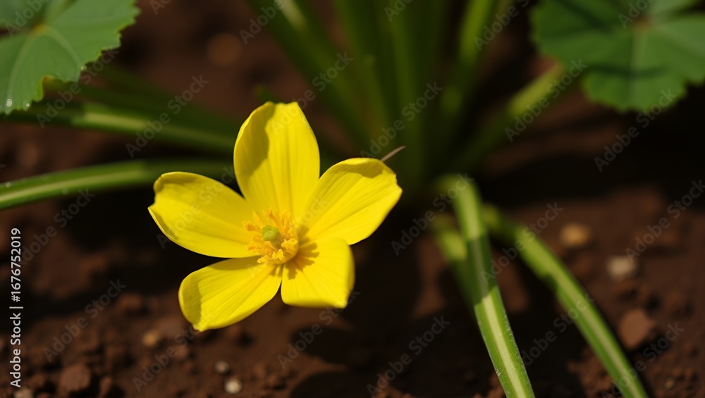 Obraz premium A single yellow blossom sprouting in fertile soil, representing resilience and the beauty of life