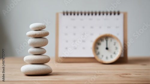 Work life balance symbolized by clock on calendar and organized list