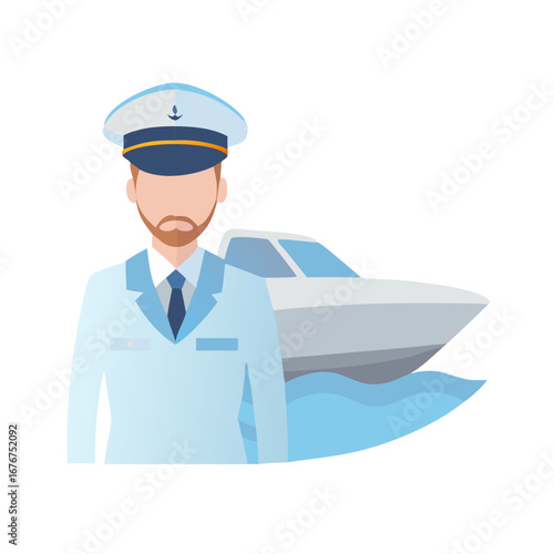 Boat Captain or Yacht Skipper Vector with Marine Officer Uniform and Vessel