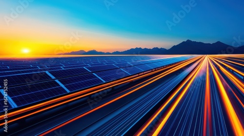 Vibrant Sunset Over Solar Farm with Rows of Panels and Scenic Mountain Silhouette