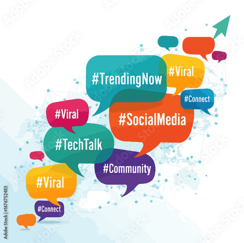 colorful speech bubbles create vibrant visual representation of trending topics hashtags digital graphic shows engaging online communication ideas for social media abstract design suggests social