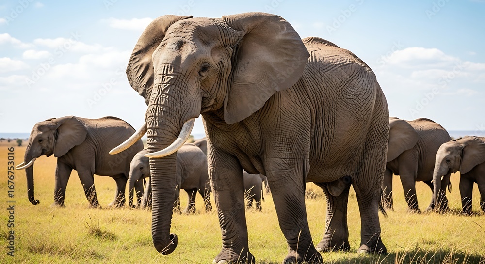 Fototapeta premium Herd of African Elephants Walking Across Savanna.