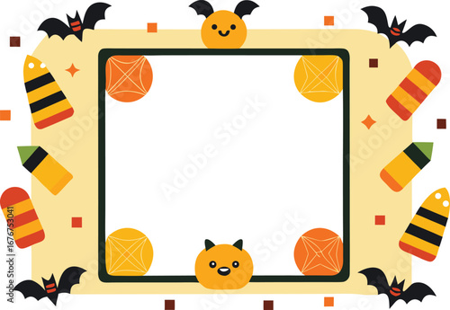 Vector art of cute Halloween frame with pumpkins, bats, and candy corn.