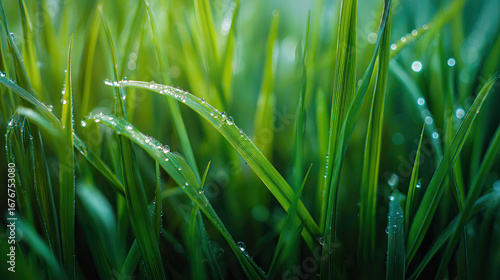 Fototapeta Naklejka Na Ścianę i Meble -  Close-up of dew on fresh green grass in spring morning light, macro photography, ultra-detailed