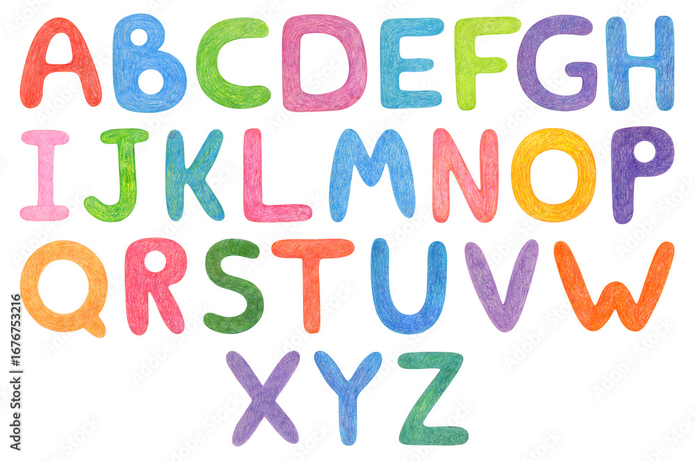 Fototapeta premium Вright colorful alphabet font elements hand drawn with wax crayons. Illustration isolated background. Suitable for print, postcard, sketchbook cover, poster, stickers, design. Handwritten lettering