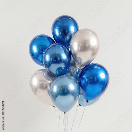 Bunch of metallic balloons in shades of blue and silver