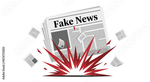 A powerful visual metaphor illustrating the explosive and destructive impact of fake news and misinformation spreading rapidly through media channels.