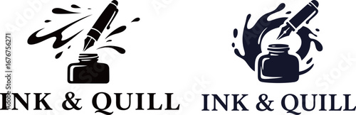 Ink and quill pen logos. Set of vector emblems with ink splashes and writing tools. Creative and literary concept.