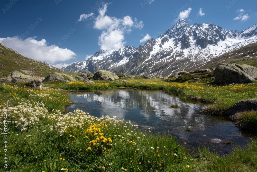Naklejka premium Serene Alpine Meadow with Snow-Capped Peaks and Wildflowers Under a Blue Sky, a Peaceful Mountain Landscape