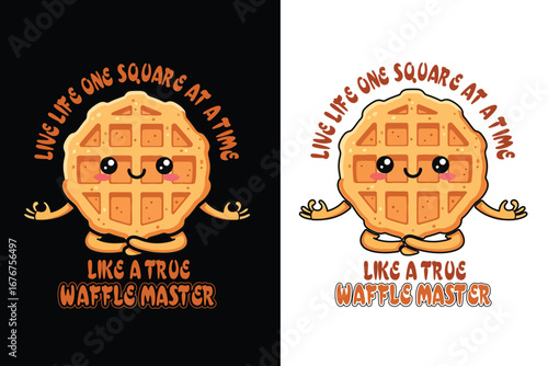 Cute Waffle Meditation Cartoon T Shirt Design Graphic for Funny Food and Breakfast Lovers