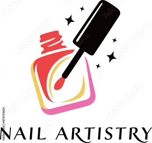 Nail artistry logo. Vector emblem with a colorful nail polish bottle and stars. Beauty salon, nail spa and manicure branding.