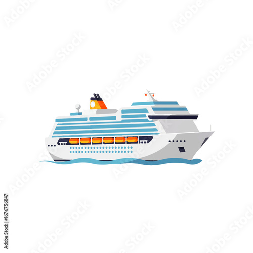 A white cruise ship with blue accents sailing on the water, depicted in a vector illustration.