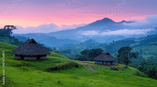 Serene Sunrise Over Traditional Huts in Lush Green Landscape with Majestic Mountains in Background