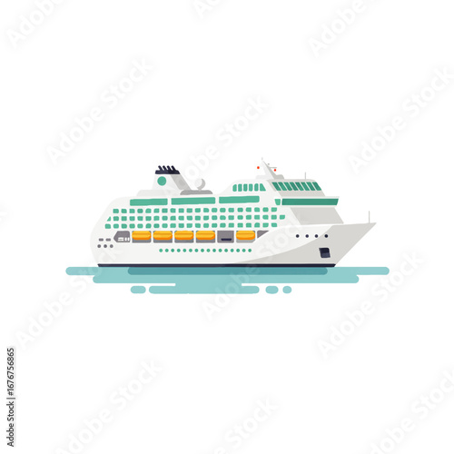 A stylized illustration of a large cruise ship with green balconies, yellow lifeboats, and a white hull, sailing on calm blue water.