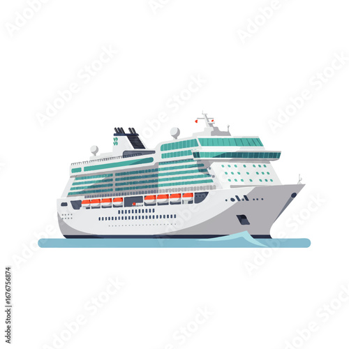 A vector illustration of a large white cruise ship sailing on blue water, featuring multiple decks and prominent smokestacks.