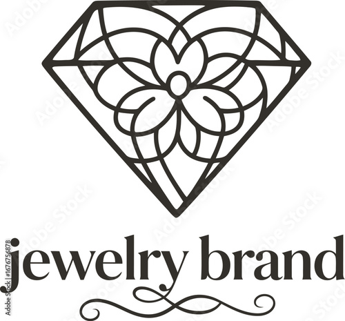 Jewelry brand logo. Vector emblem with an outline diamond and filigree floral pattern. Luxury jewelry store and accessories branding.