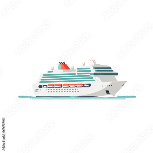 A white cruise ship with red and black smokestacks sails on calm turquoise water, presented in a flat, vector illustration style.