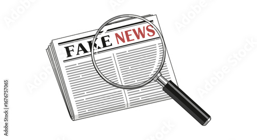 A magnifying glass focuses on a 'FAKE NEWS' headline on a newspaper, representing the essential task of scrutinizing information and combating misinformation.