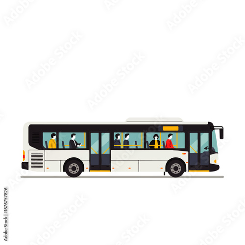 A white city bus with passengers visible through the windows, side view, on a white background.