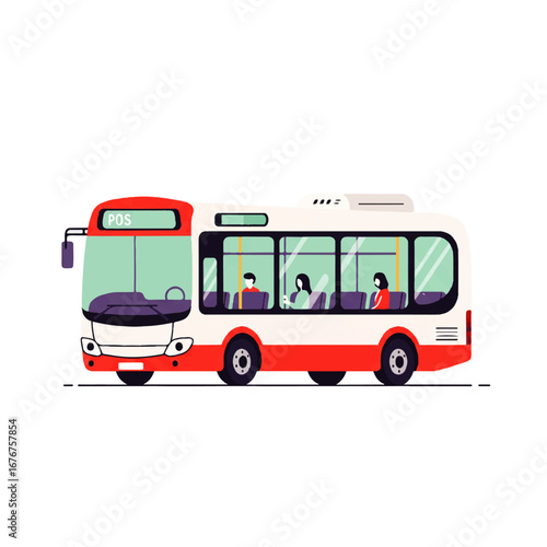 Illustration of a red and white city bus with passengers visible through the windows, traveling on a flat surface.