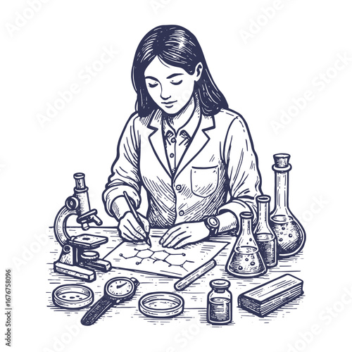 Female scientist working in a laboratory with test tubes and beakers, focused on experiments and chemical analysis in detailed black and white line art.