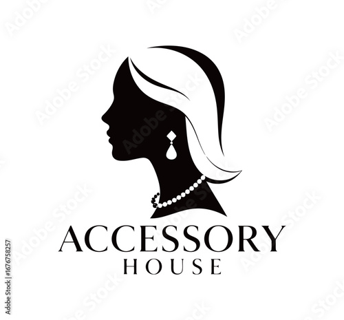 Accessory House logo featuring a woman's profile silhouette with a pearl necklace and earring, representing beauty and luxury
