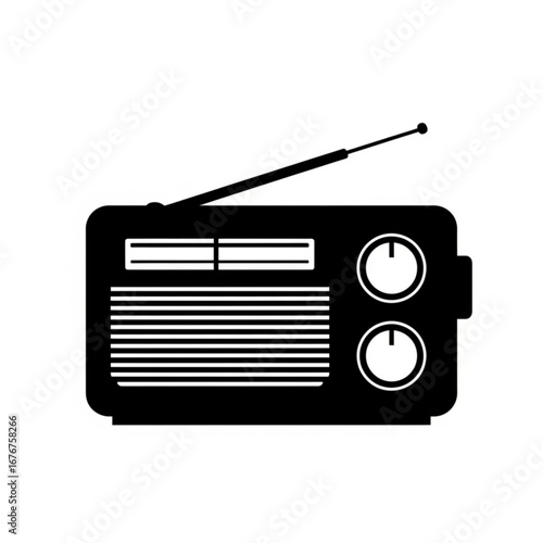 Black silhouette of a vintage portable radio with an antenna