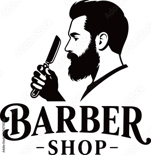 Barber Shop logo featuring a stylish bearded man and a straight razor, ideal for a classic or vintage-style barbershop