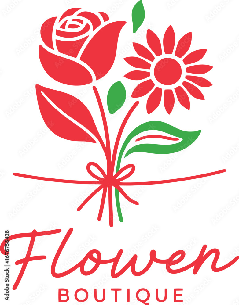 Obraz premium Vibrant Flower Boutique logo featuring a stylized red rose and sunflower bouquet, perfect for a modern floral business