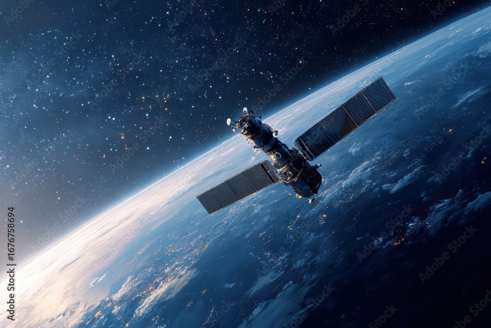 Fototapeta premium Sleek High-Tech Artificial Satellite Orbiting Earth Amid Twinkling Stars