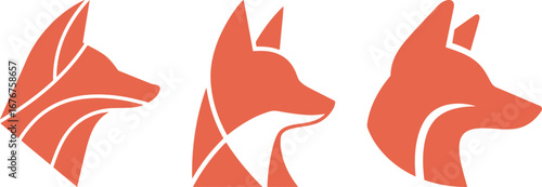 Set of modern fox head logos in a vibrant orange color, suitable for technology, creative or a marketing company