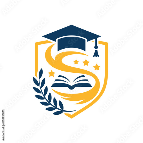 Academic Success Emblem Shield logo with graduation cap, open book, and laurel, symbolizing knowledge, growth, and the educational journey for institutions.