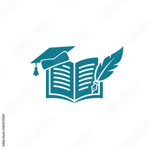 Education Emblem Academic Book with Mortarboard and Quill Icon for Learning and Knowledge