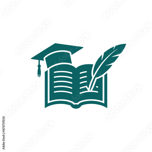 Academic success icon with graduation cap, open book, and quill for educational guidance and scholarly writing