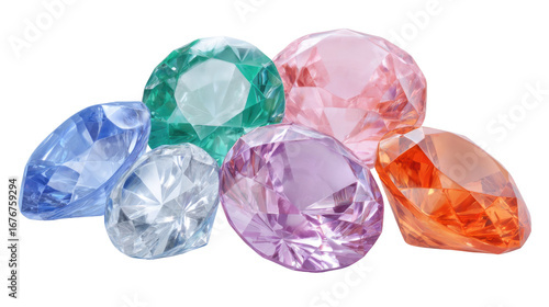 Colorful crystal gems collection on a white background showcasing vibrant hues and perfect cuts of precious stones