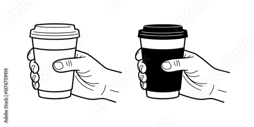 Hand holding a disposable coffee cup. Black and white line art vector illustration set for design.