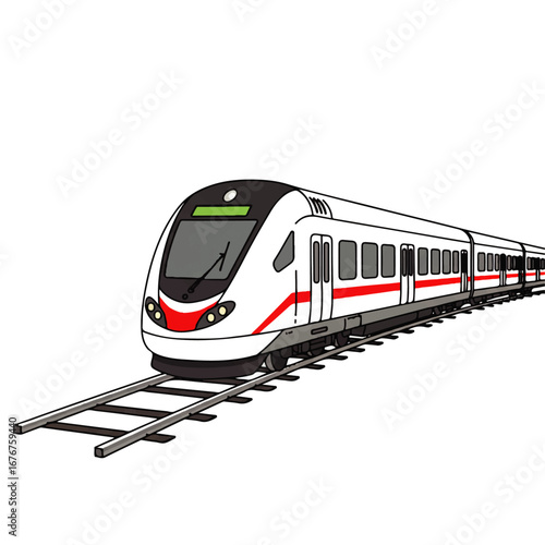 A modern high-speed train, predominantly white with red accents, travels along a railway track against a plain white background.