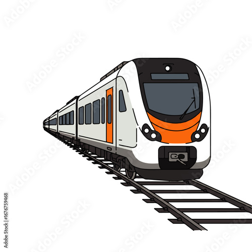 A white and orange modern passenger train travels along a railway track, depicted in a clean, graphic style illustration.