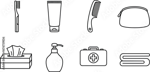 Essential travel and hygiene items neatly organized for a journey