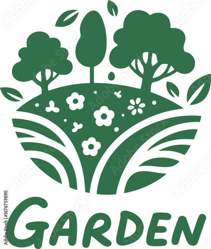Simple and stylish "Garden" logo featuring green trees and flowers on a hill, perfect for a landscaping or nature-related business.