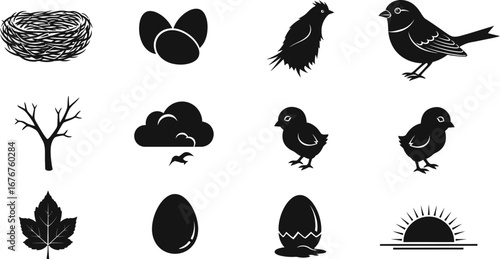 Charming collection of simple black and white bird and nature icons