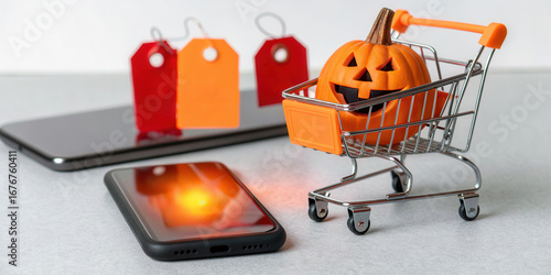 Miniature shopping cart with pumpkin, smartphone, and colorful price tags create festive Halloween online shopping concept, blending technology and holiday spirit in modern retail setting