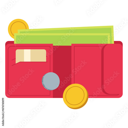 Coins, banknotes, wallet and bank card