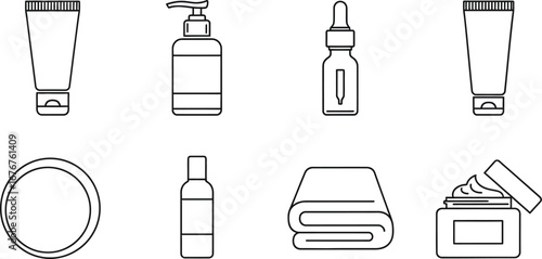 A collection of simple line art icons representing various skincare and cosmetic products