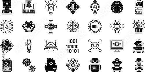 Collection of 35 Black and White Icons Depicting Artificial Intelligence, Robotics, Neural Networks, and Smart Technology Concepts
