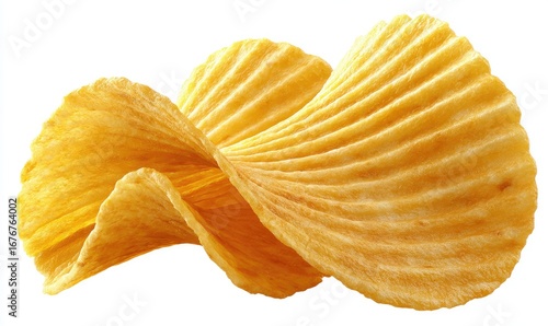 Two wavy potato chips, golden yellow, isolated on white