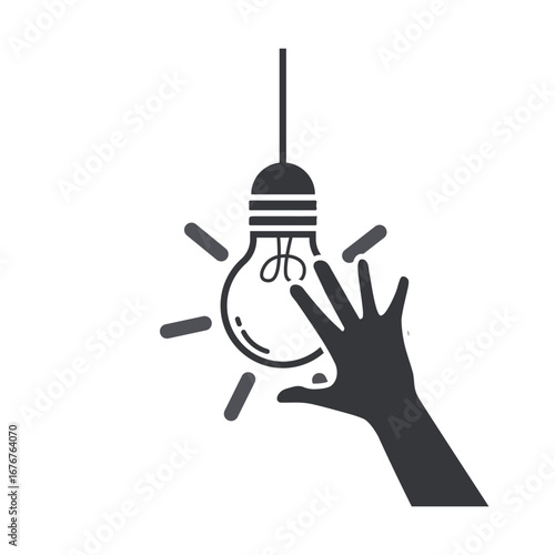 Isolated pictogram icon of a hand touching lightbulb, safety warning for household and industrial electricity, electrical hazard, caution sign, and risk prevention.