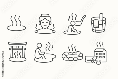 Line icons of japanese hot spring bathing and relaxation symbols